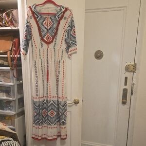 Elegant Red and Blue Patterned Long Sleeve Dress